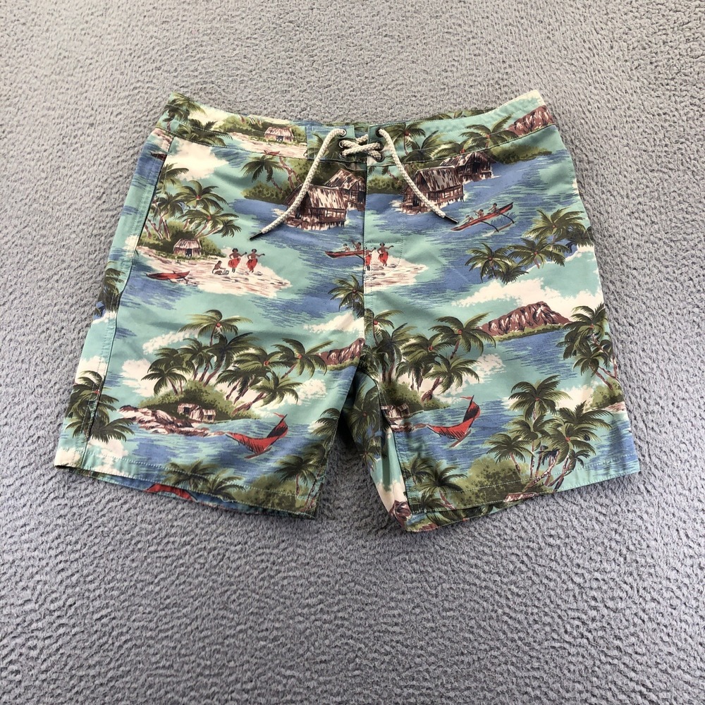 Faherty Board Shorts Mens Medium Blue Hawaiian Floral Beach Pool Tropical Swim